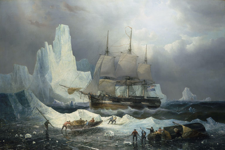 19th century sailing vessel in icy water