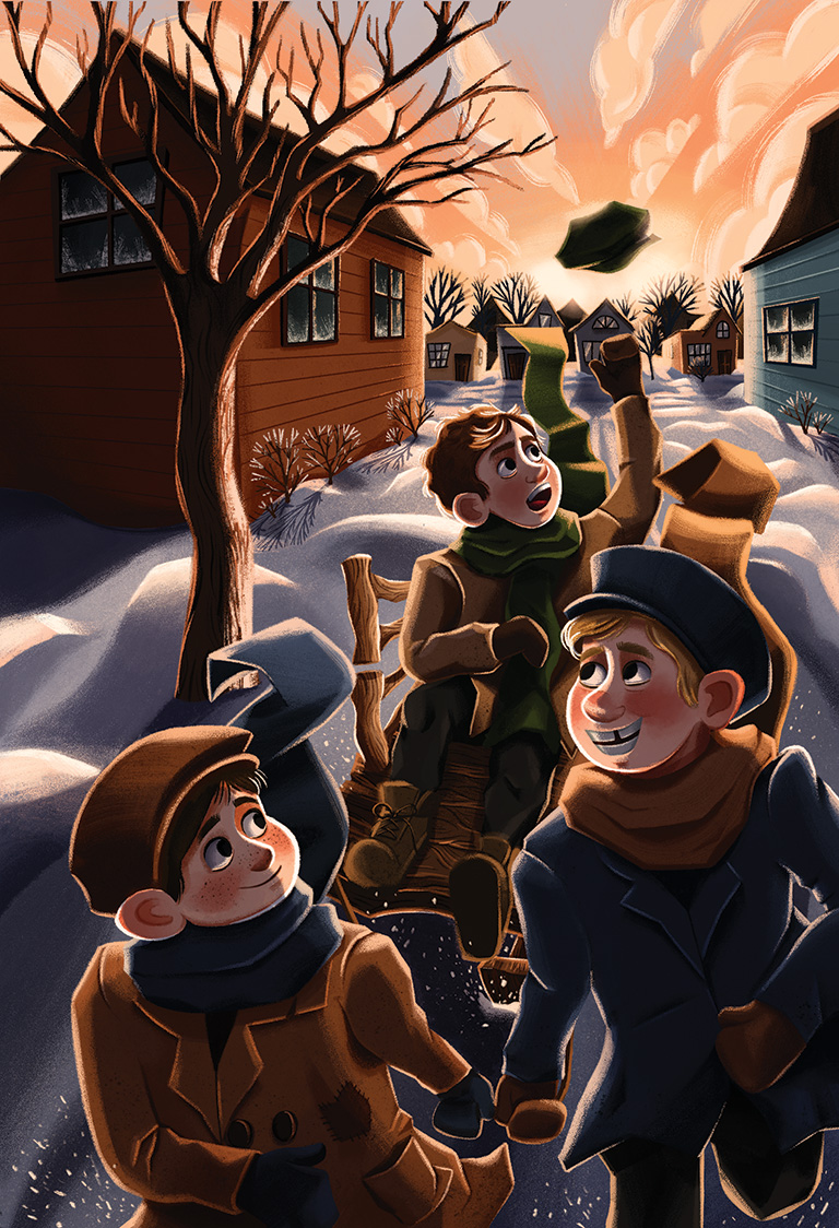 Illustration of two boys pulling a third boy on a sled.