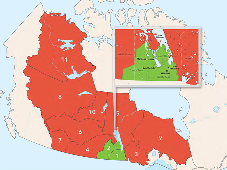 Map of Canada with red sections separated by black lines. The red sections are numbered. A green section with the numbers one and two is enlarged and features the names of places like Winnipeg.