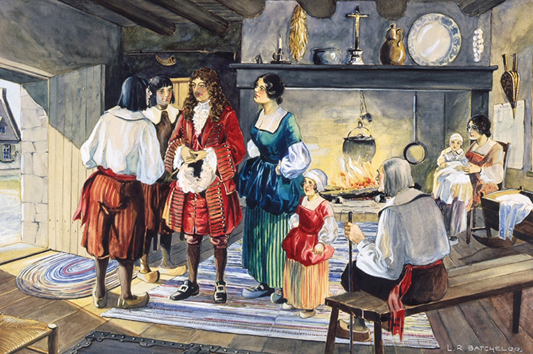Illustration de Jean Talon qui rencontre des colons, peint par Lawrence Batchelor en 1931.