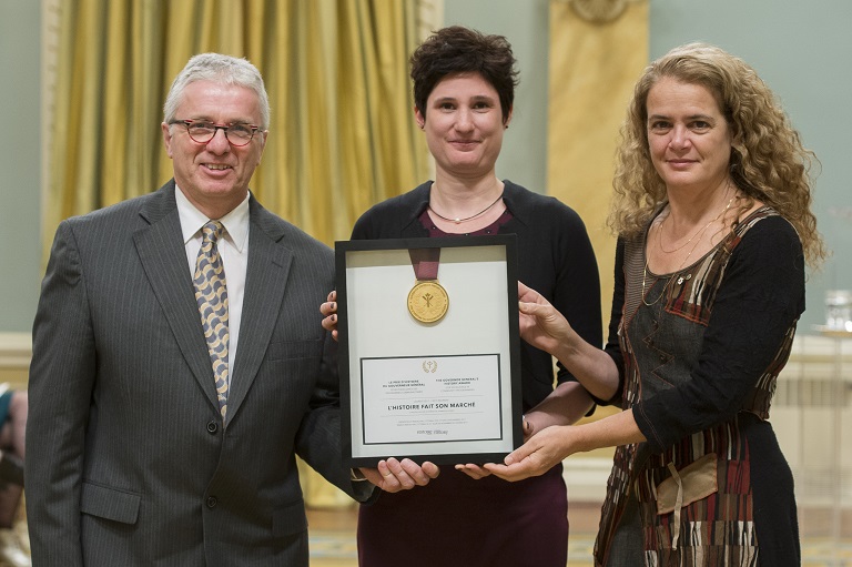 Julie Payette poses with Michel Harnois and Marie-Eve Gingras
