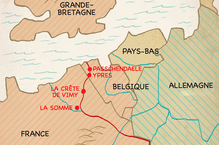 This is an image of a map that highlights the locations of four First World War battles, including Vimy Ridge, The Somme, Passchendaele, and Ypres. 