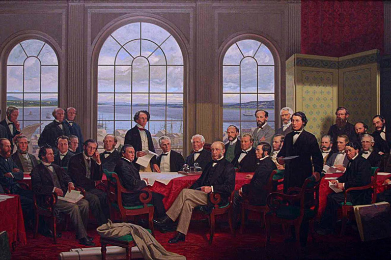 Une peinture de politiciens autour d'une table.