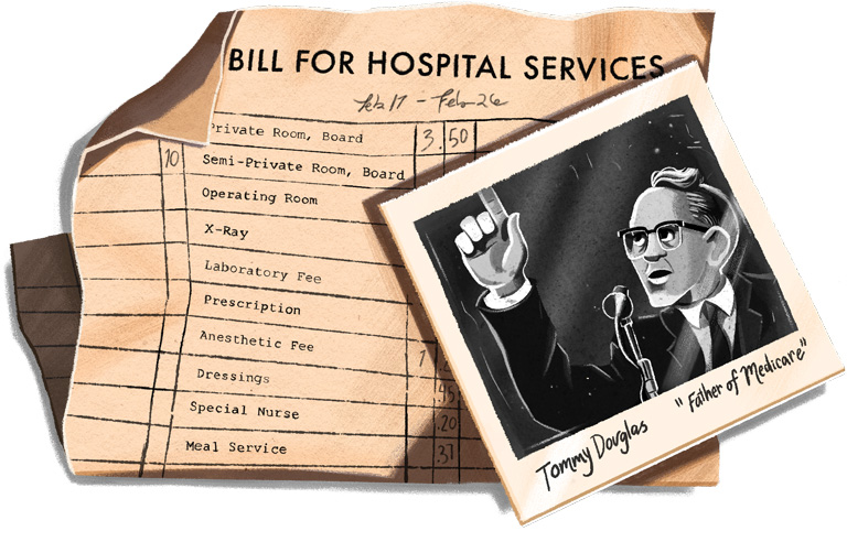 Illustration of a hospital bill and a "Polaroid" of Tommy Douglas.