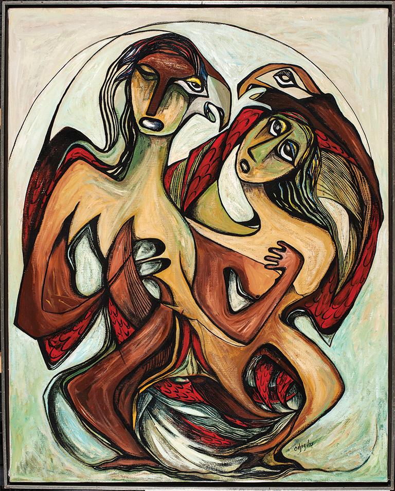 Painting showing two abstracted human bodies intertwined with an abstract bird towards the upper right of the composition