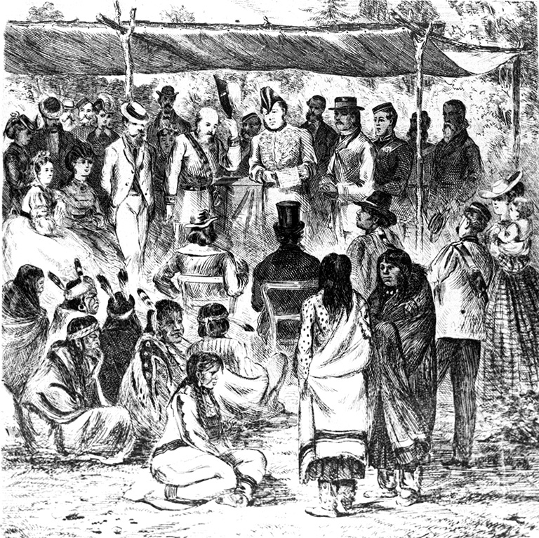 Black and white illustration of settlers and Indigenous people gathered around under a tent and wearing traditional clothes.