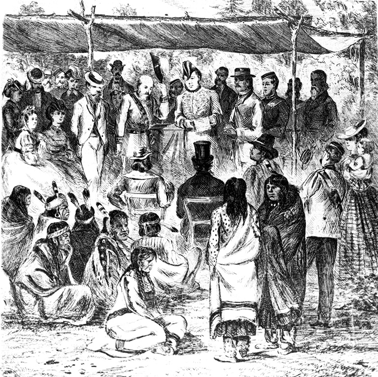 Black and white illustration of settlers and Indigenous people gathered around under a tent and wearing traditional clothes.